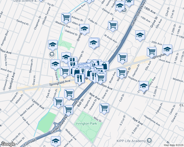 map of restaurants, bars, coffee shops, grocery stores, and more near in Irvington