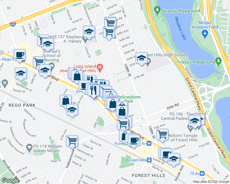 map of restaurants, bars, coffee shops, grocery stores, and more near 102-50 67th Drive in Queens