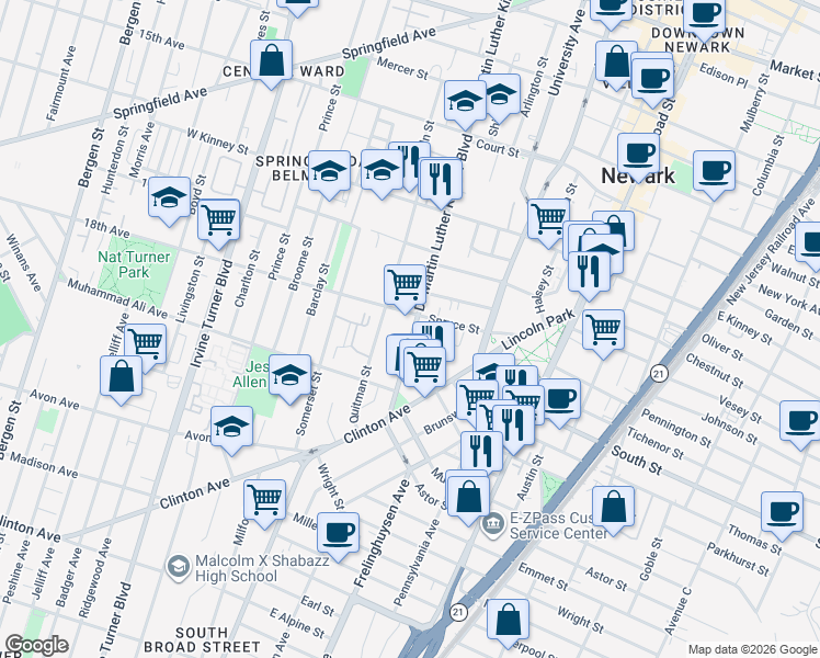 map of restaurants, bars, coffee shops, grocery stores, and more near 751 Doctor Martin Luther King Junior Boulevard in Newark