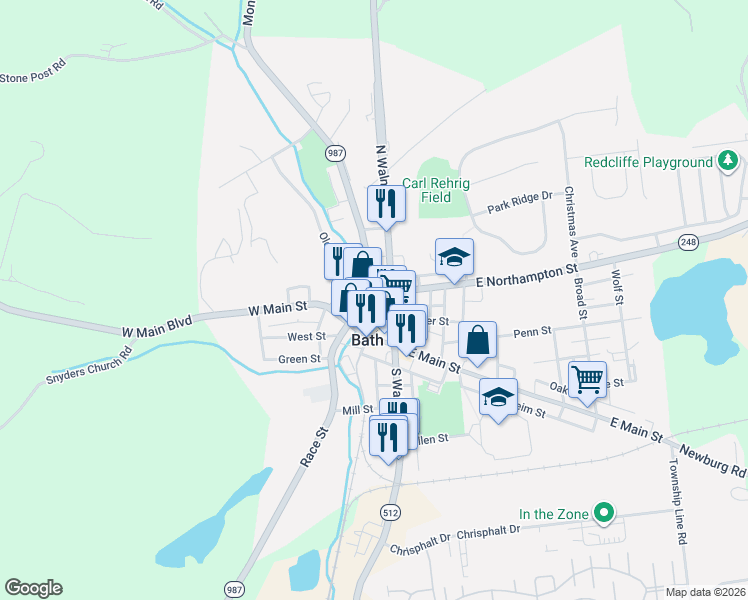 map of restaurants, bars, coffee shops, grocery stores, and more near 114 South Chestnut Street in Bath