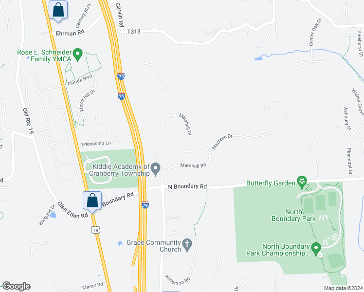 map of restaurants, bars, coffee shops, grocery stores, and more near 9319 Marshall Road in Cranberry Township