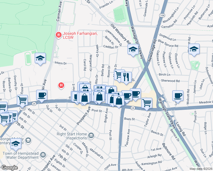 map of restaurants, bars, coffee shops, grocery stores, and more near 38 Morris Drive in East Meadow