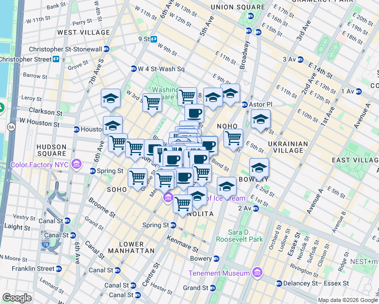 map of restaurants, bars, coffee shops, grocery stores, and more near 208 Mercer Street in New York