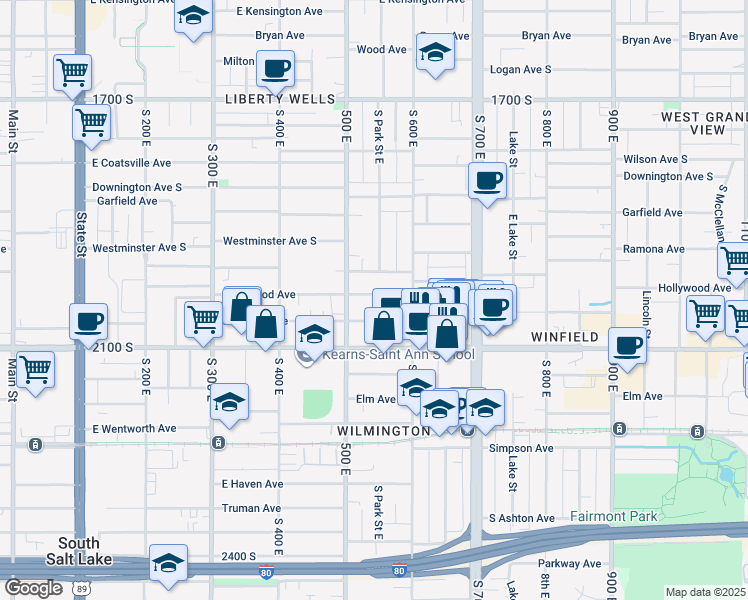 map of restaurants, bars, coffee shops, grocery stores, and more near 536 East Hollywood Avenue in Salt Lake City