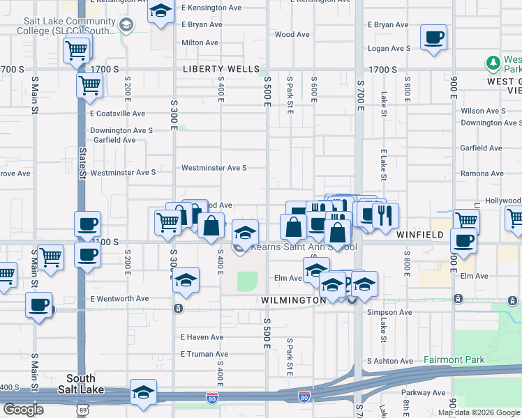 map of restaurants, bars, coffee shops, grocery stores, and more near 471 Redondo Avenue in Salt Lake City