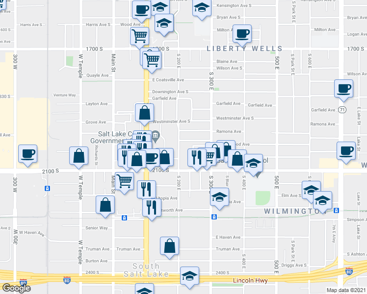 map of restaurants, bars, coffee shops, grocery stores, and more near 2017 South 200 East in Salt Lake City