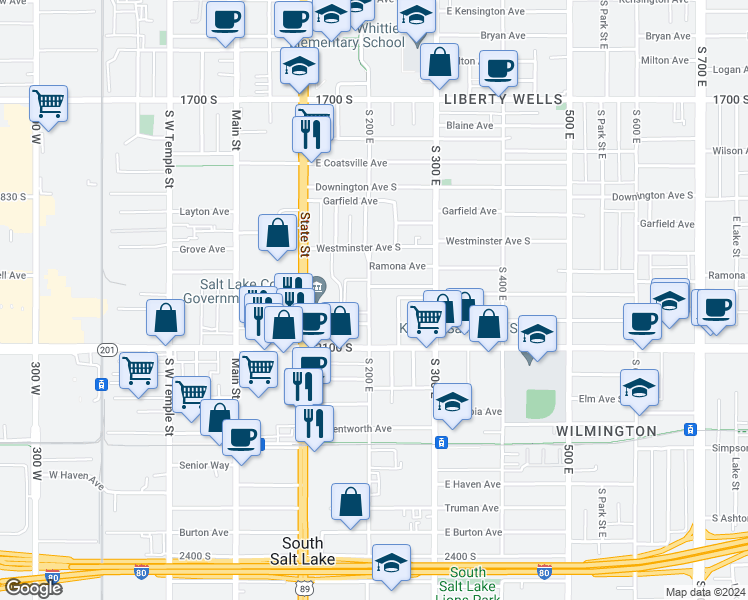 map of restaurants, bars, coffee shops, grocery stores, and more near 2017 South 200 East in Salt Lake City
