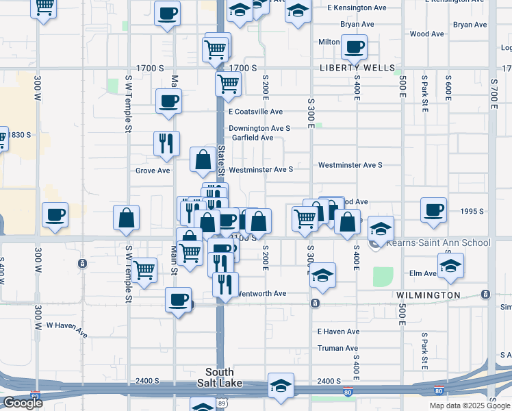 map of restaurants, bars, coffee shops, grocery stores, and more near 1992 South 200 East in Salt Lake City
