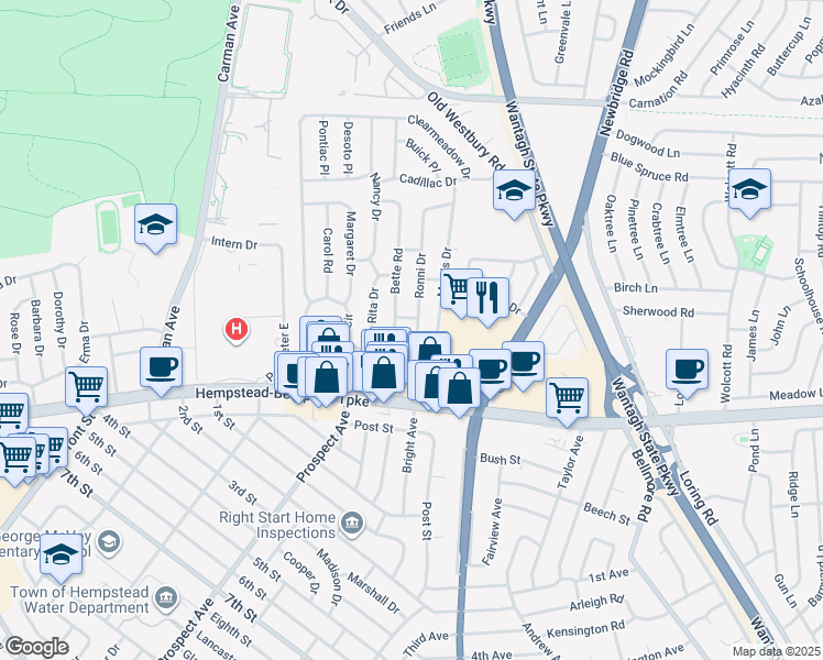 map of restaurants, bars, coffee shops, grocery stores, and more near 38 Morris Drive in East Meadow