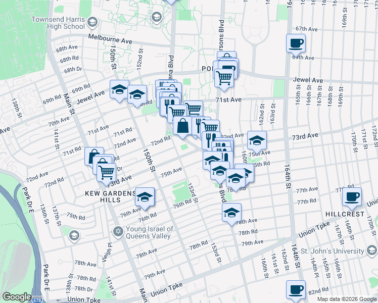 map of restaurants, bars, coffee shops, grocery stores, and more near 153-14 73rd Avenue in Queens