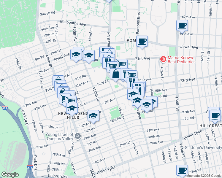 map of restaurants, bars, coffee shops, grocery stores, and more near 150-45 73rd Avenue in Queens
