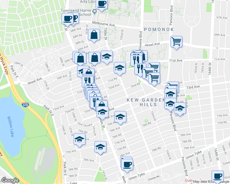 map of restaurants, bars, coffee shops, grocery stores, and more near 147-33 72nd Drive in Queens