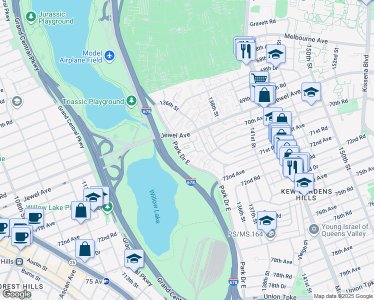 map of restaurants, bars, coffee shops, grocery stores, and more near 70-19 Park Drive East in Queens