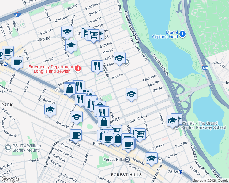 map of restaurants, bars, coffee shops, grocery stores, and more near 68-10 108th Street in Queens