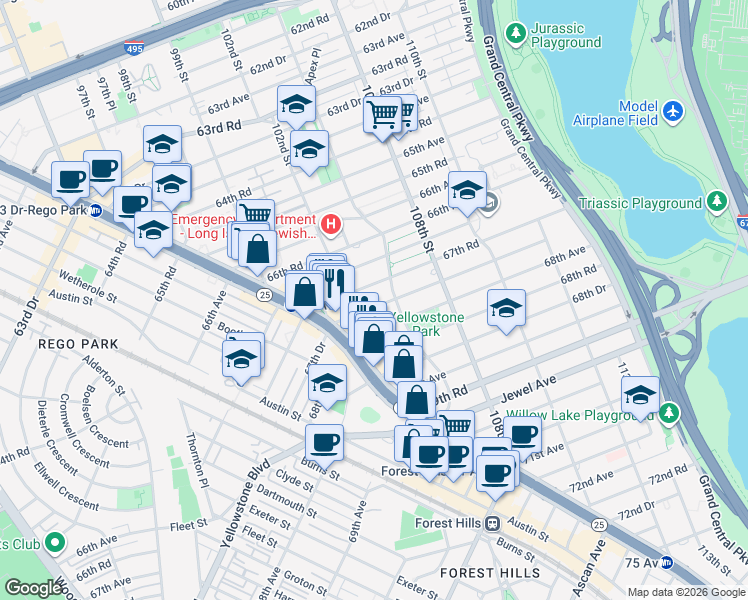 map of restaurants, bars, coffee shops, grocery stores, and more near 102-50 67th Drive in Queens
