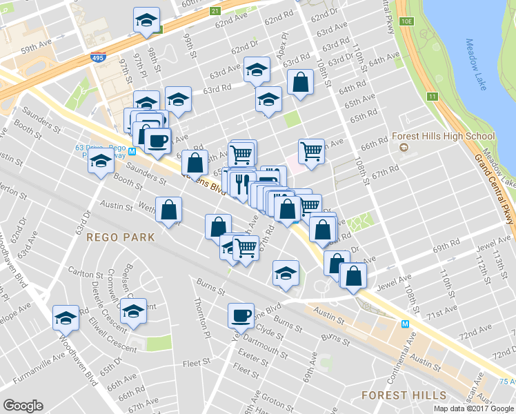 map of restaurants, bars, coffee shops, grocery stores, and more near 104-35 Queens Boulevard in Queens