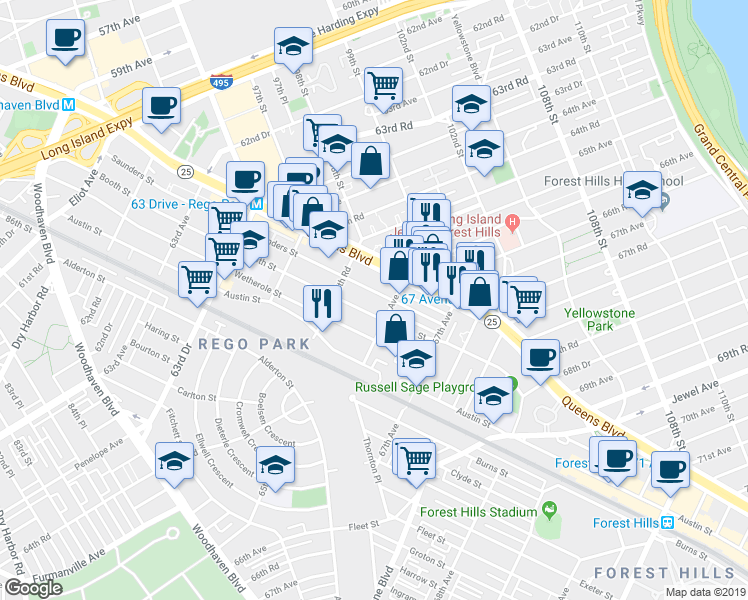 map of restaurants, bars, coffee shops, grocery stores, and more near 9609 66th Avenue in Queens