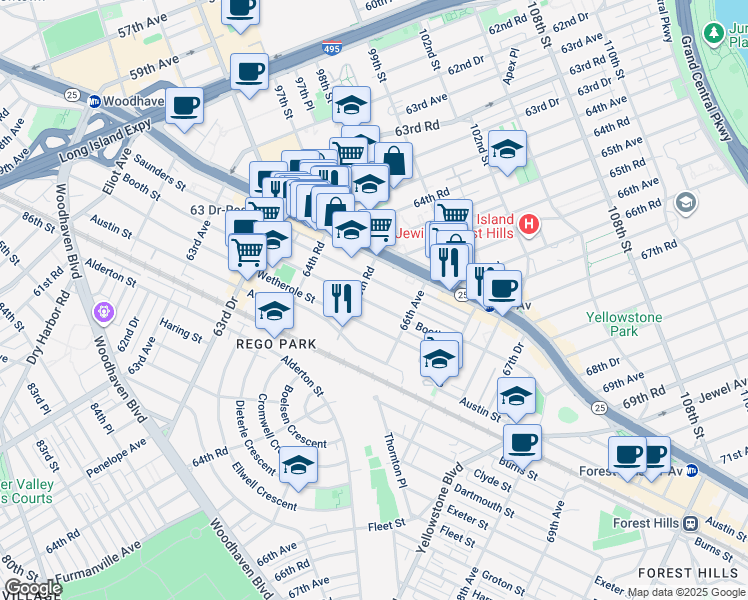 map of restaurants, bars, coffee shops, grocery stores, and more near 65-47 Wetherole Street in Queens