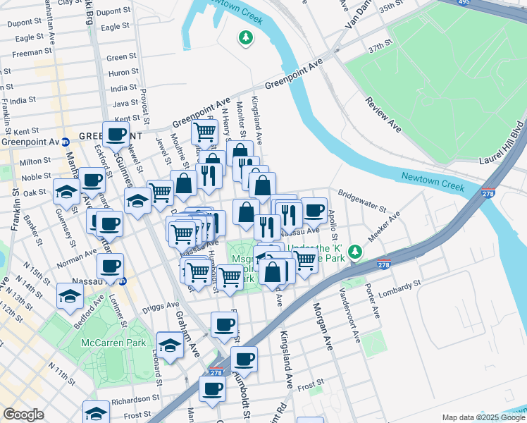 map of restaurants, bars, coffee shops, grocery stores, and more near 202 Monitor Street in Brooklyn