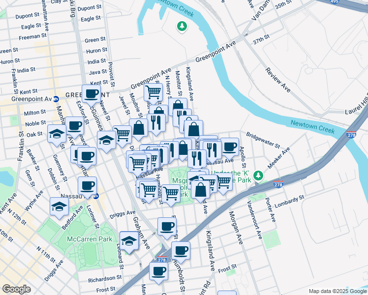 map of restaurants, bars, coffee shops, grocery stores, and more near 202 Monitor Street in Brooklyn