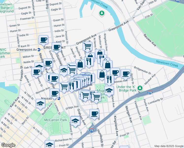 map of restaurants, bars, coffee shops, grocery stores, and more near 720 Humboldt Street in Brooklyn