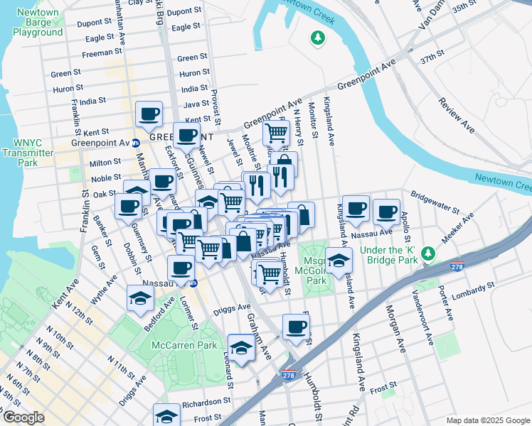 map of restaurants, bars, coffee shops, grocery stores, and more near 108A Diamond Street in Brooklyn