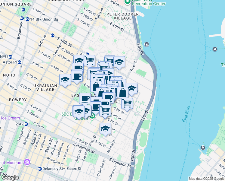 map of restaurants, bars, coffee shops, grocery stores, and more near 375 East 10th Street in New York