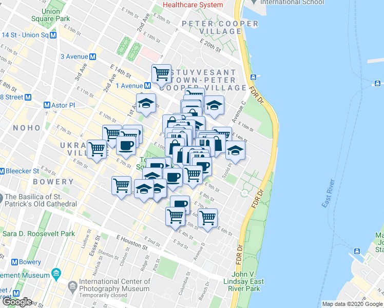 map of restaurants, bars, coffee shops, grocery stores, and more near 375 East 10th Street in New York