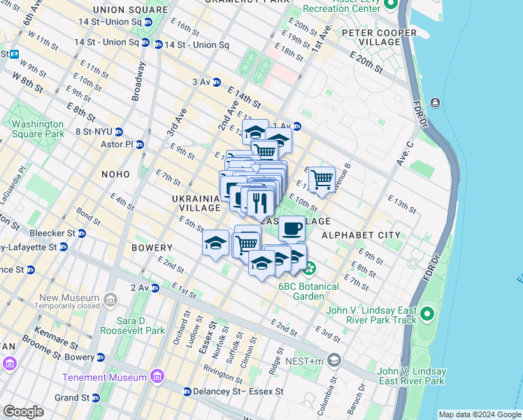 map of restaurants, bars, coffee shops, grocery stores, and more near 117 Avenue A in New York