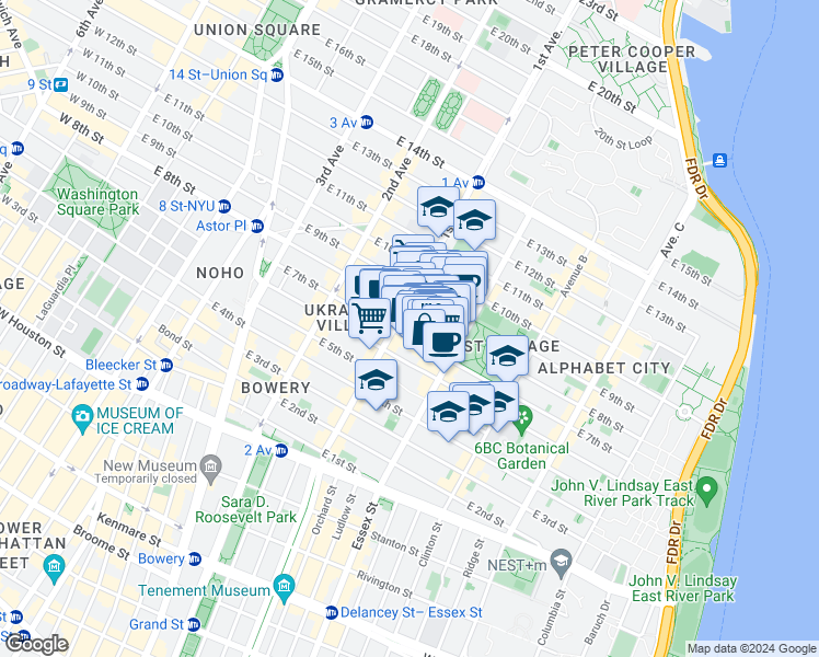 map of restaurants, bars, coffee shops, grocery stores, and more near 113 East 7th Street in New York