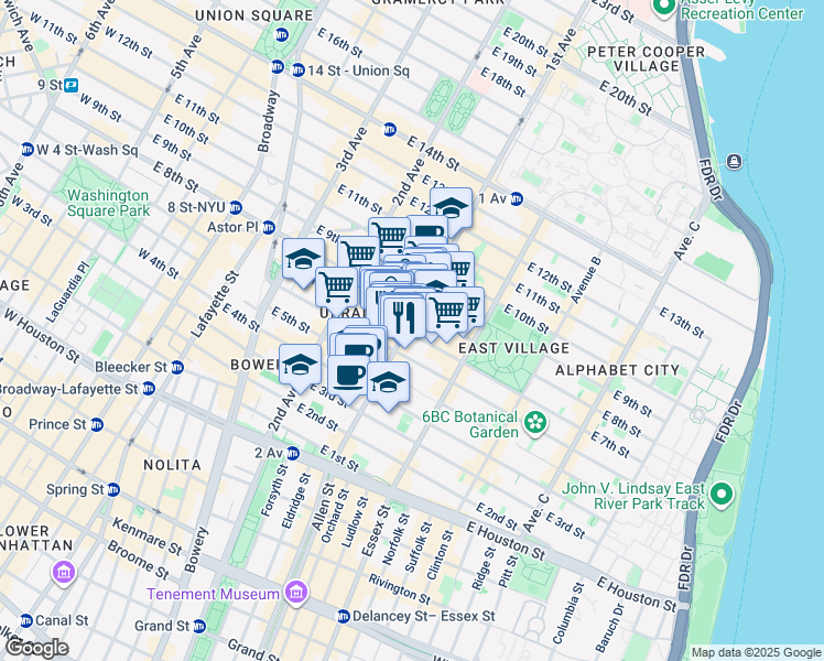 map of restaurants, bars, coffee shops, grocery stores, and more near 117 1st Avenue in New York