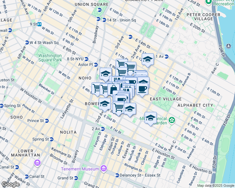 map of restaurants, bars, coffee shops, grocery stores, and more near 331 East 5th Street in New York