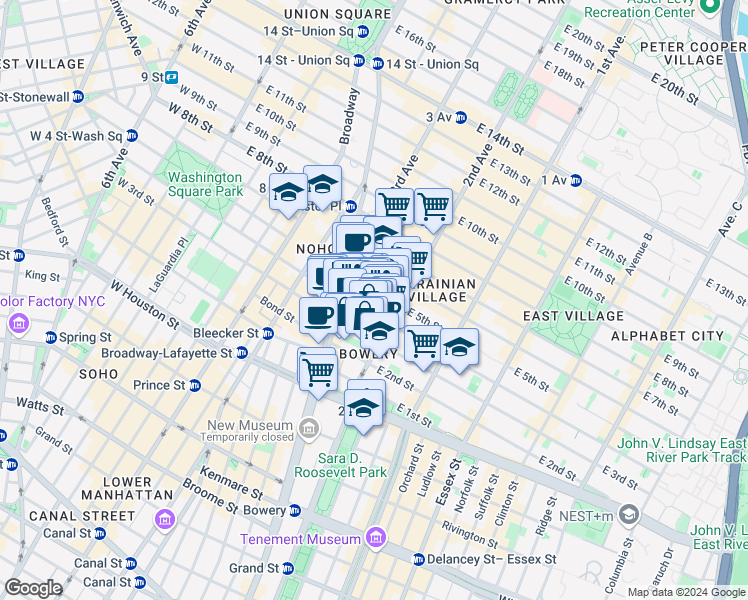 map of restaurants, bars, coffee shops, grocery stores, and more near 66 East 4th Street in New York