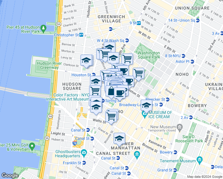map of restaurants, bars, coffee shops, grocery stores, and more near 144 Sullivan Street in New York