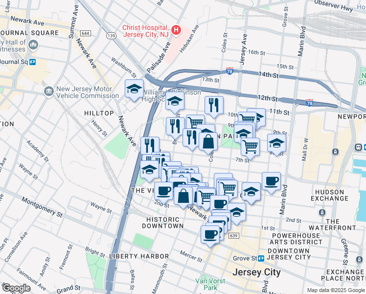 map of restaurants, bars, coffee shops, grocery stores, and more near 463 Monmouth Street in Jersey City