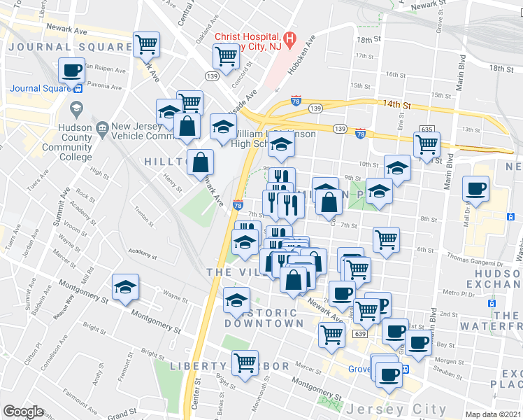 map of restaurants, bars, coffee shops, grocery stores, and more near 342 7th Street in Jersey City
