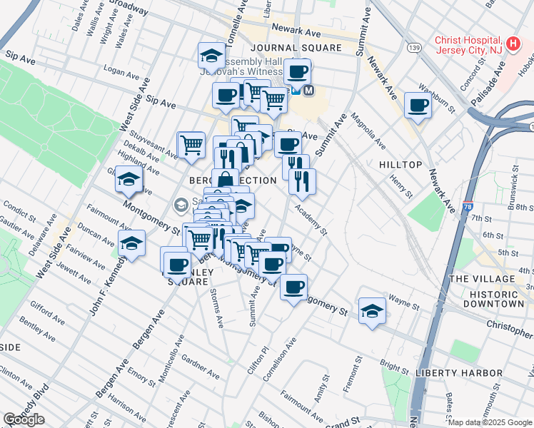 map of restaurants, bars, coffee shops, grocery stores, and more near 75 Jordan Avenue in Jersey City