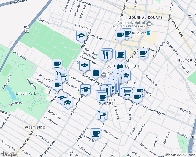map of restaurants, bars, coffee shops, grocery stores, and more near in Jersey City