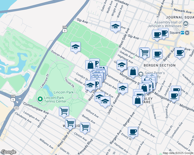 map of restaurants, bars, coffee shops, grocery stores, and more near 164 Delaware Avenue in Jersey City