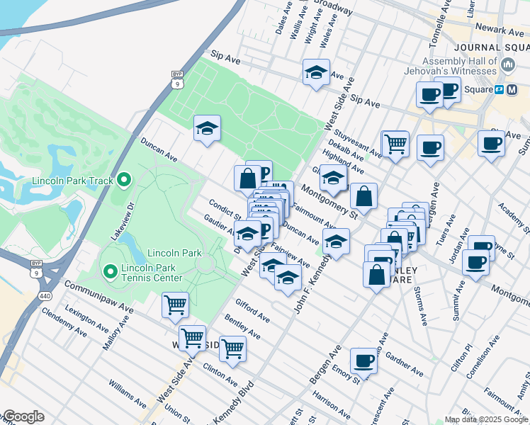 map of restaurants, bars, coffee shops, grocery stores, and more near 164 Delaware Avenue in Jersey City