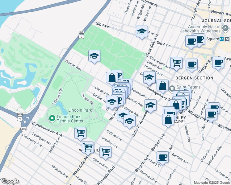 map of restaurants, bars, coffee shops, grocery stores, and more near 164 Delaware Avenue in Jersey City