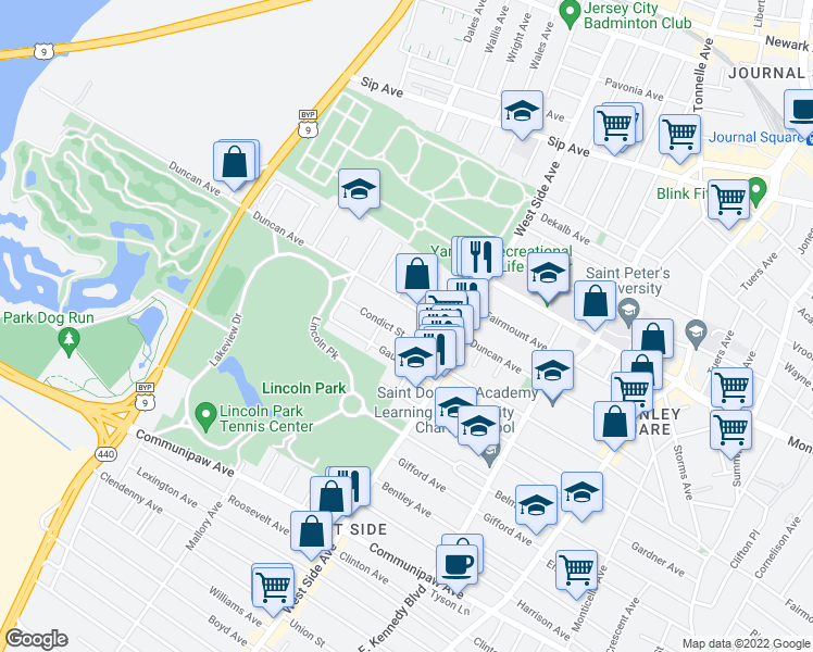 map of restaurants, bars, coffee shops, grocery stores, and more near 17 Condict Street in Jersey City