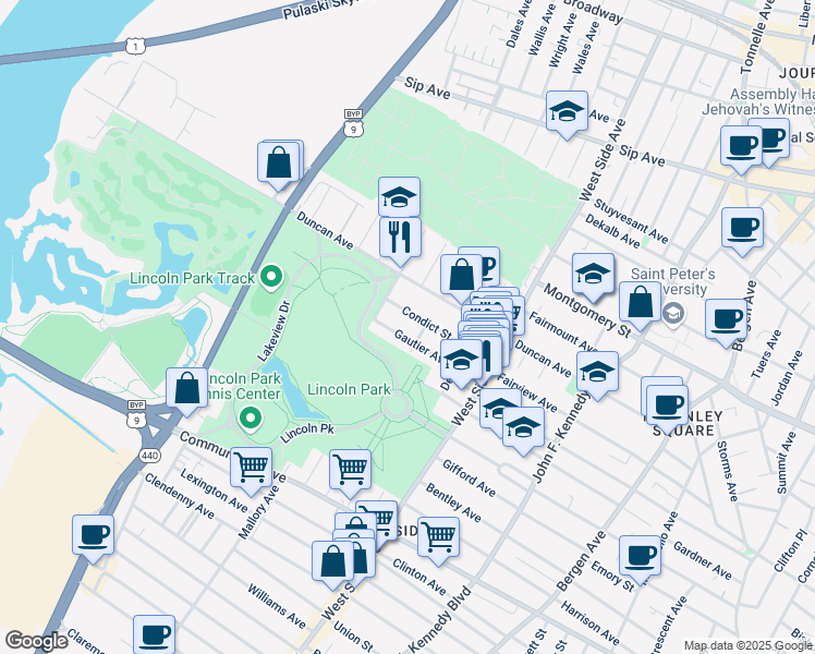 map of restaurants, bars, coffee shops, grocery stores, and more near 63 Gautier Avenue in Jersey City