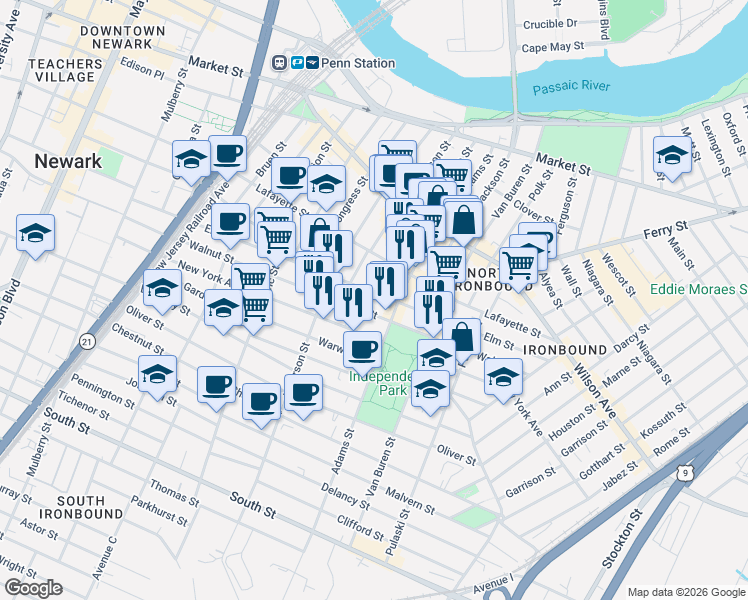 map of restaurants, bars, coffee shops, grocery stores, and more near 296 Walnut Street in Newark