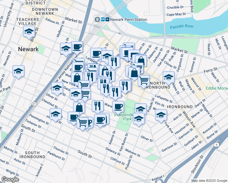 map of restaurants, bars, coffee shops, grocery stores, and more near 153 New York Avenue in Newark