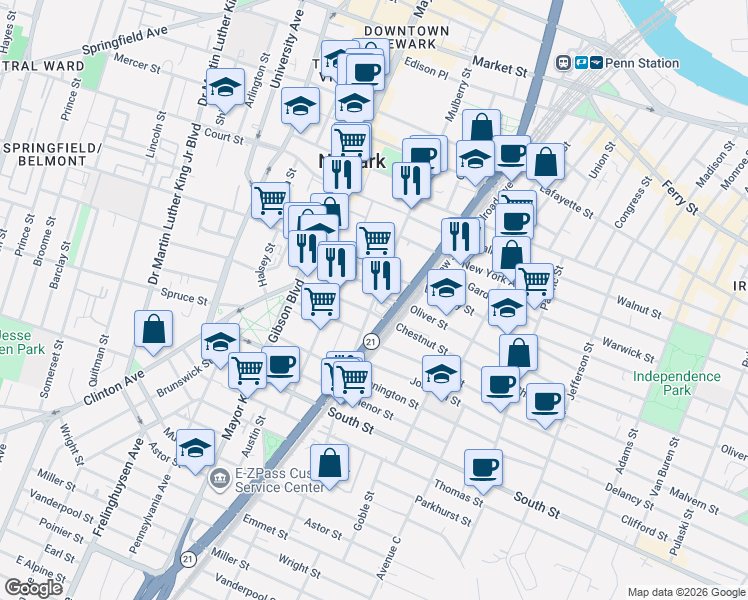 map of restaurants, bars, coffee shops, grocery stores, and more near 65 Chestnut Street in Newark