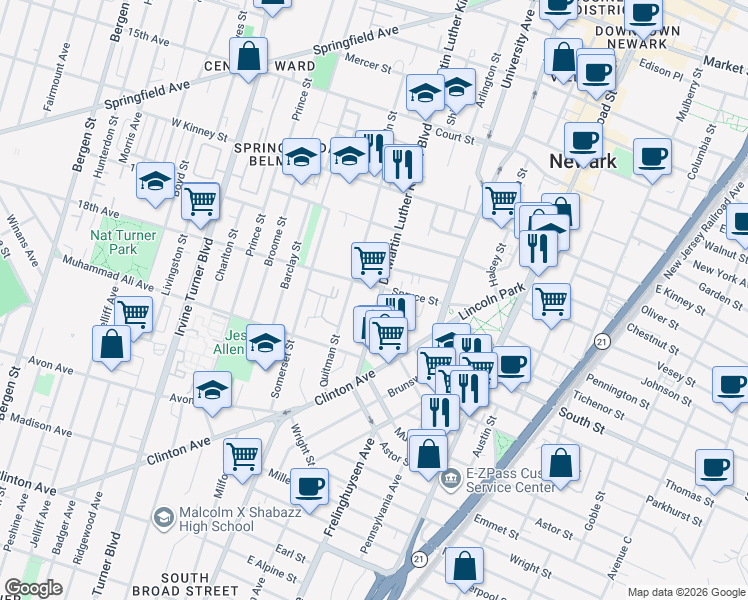 map of restaurants, bars, coffee shops, grocery stores, and more near 751 Doctor Martin Luther King Junior Boulevard in Newark