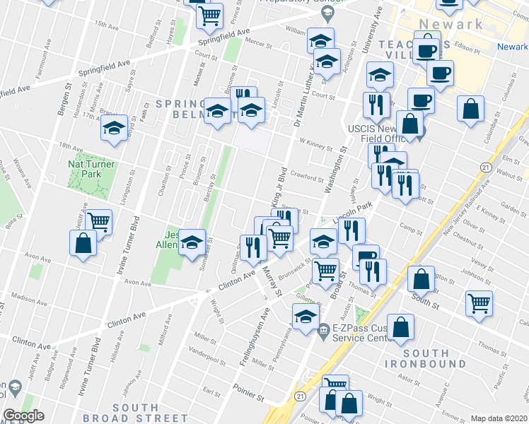 map of restaurants, bars, coffee shops, grocery stores, and more near 751 Doctor Martin Luther King Junior Boulevard in Newark