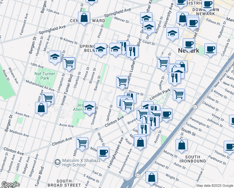 map of restaurants, bars, coffee shops, grocery stores, and more near 751 Doctor Martin Luther King Junior Boulevard in Newark