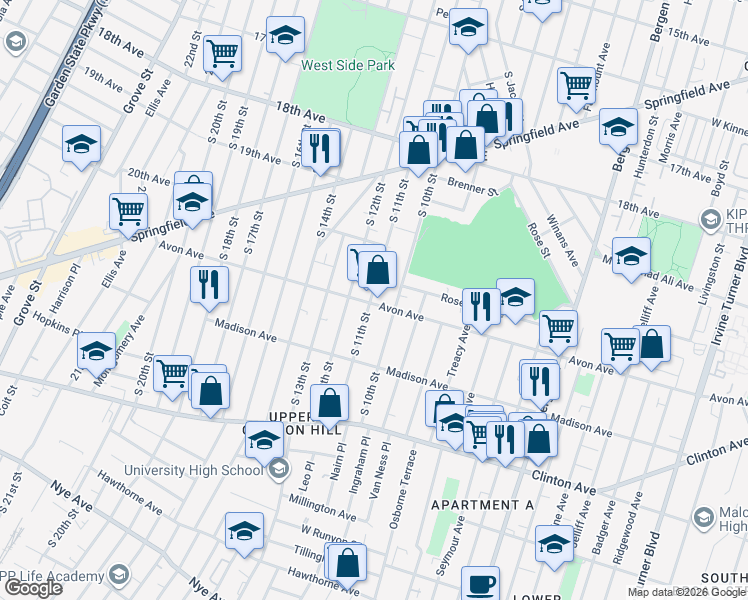 map of restaurants, bars, coffee shops, grocery stores, and more near 776 South 11th Street in Newark